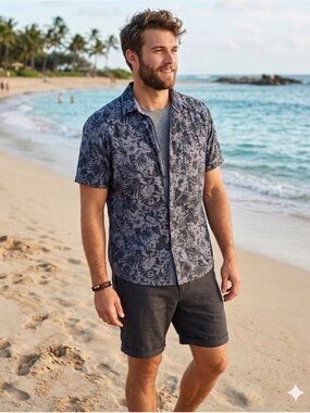 Paper Denim & Cloth Men's Large Short-Sleeve Floral Button-Up Shirt Navy Blue L